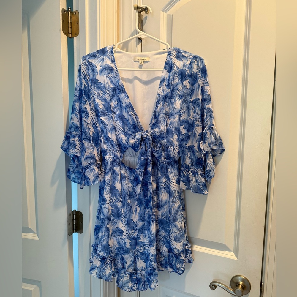 Francesca's Collections Blue and White Leaf Print Romper